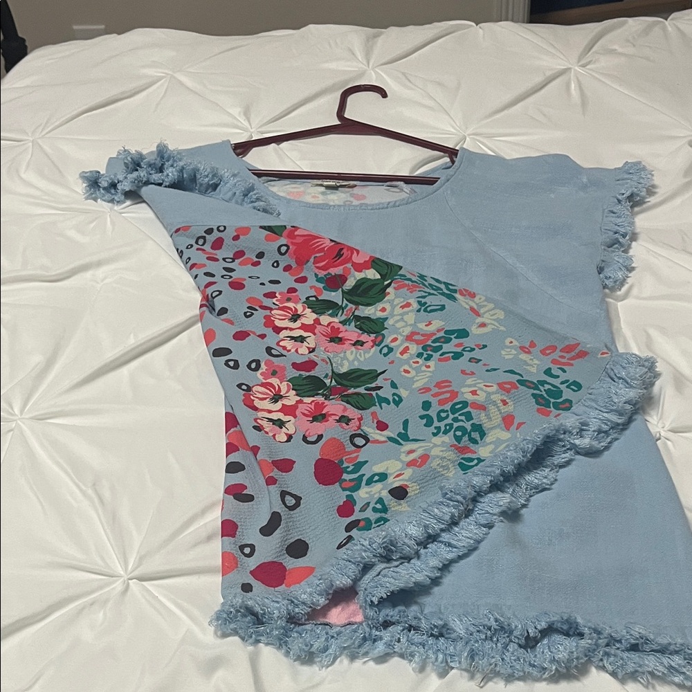 Umgee Light Blue Fringe Blouse with floral back panel